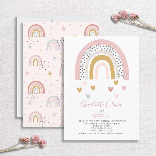 Invitation Wild One Muted Rainbow Girl's 1st Birthday Party