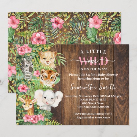 Invitation Wild One on the Way Pink Rustic Safari Baby Shower (Devant / Derrière)