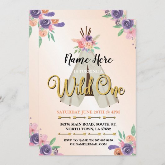Invitation Wild One parties scintillant Girl's 1st Birthday O (Devant / Derrière)