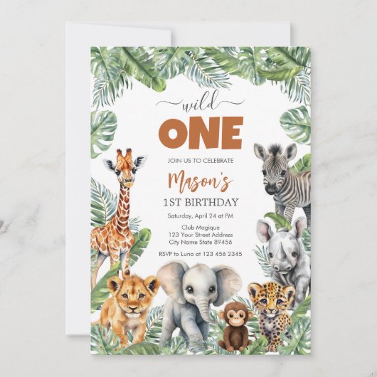 Invitation Wild One Party Animals Kids 1st Birthday (Devant)