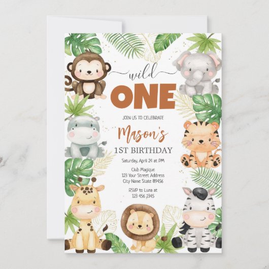 Invitation Wild One Party Animals Kids 1st Birthday (Devant)