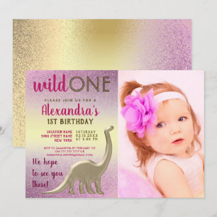 Invitation Wild One Photo 1Anniversaire Dinosaure rose et or