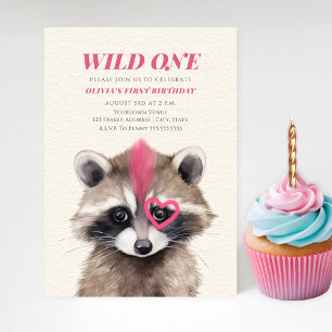 Invitation Wild One Pink Mohawk Raccoon 1er anniversaire