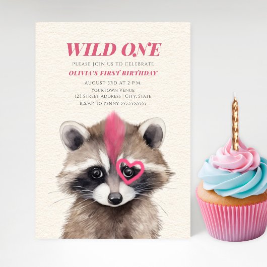 Invitation Wild One Pink Mohawk Raccoon 1er anniversaire