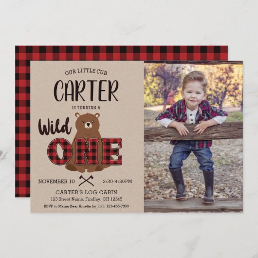 Invitation Wild ONE Plaid Bear Photo Anniversaire (Devant / Derrière)