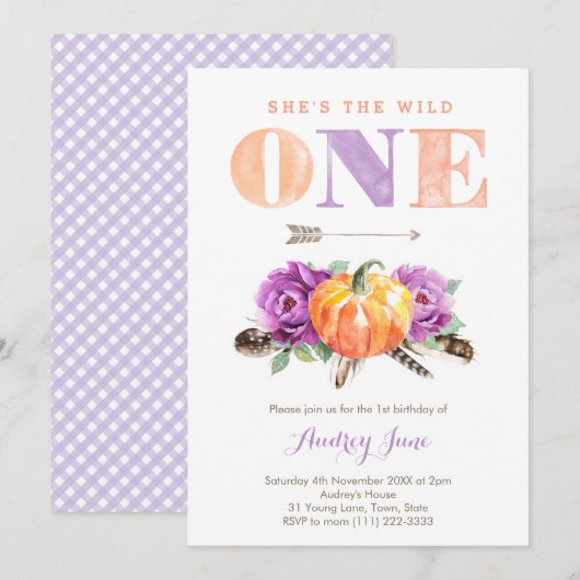 Invitation Wild One Purple Orange Citrouille 1er anniversaire (Devant / Derrière)