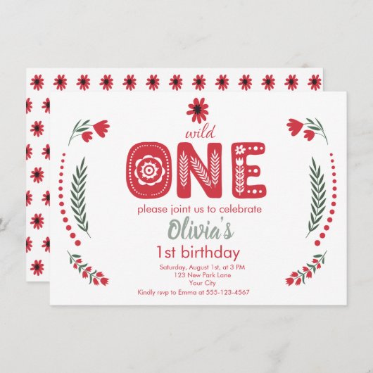Invitation Wild One - Red Floral Folk Art 1er anniversaire fê (Devant / Derrière)