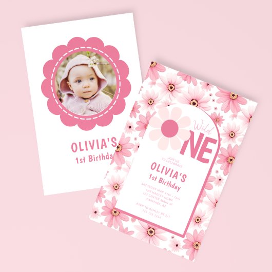 Invitation Wild One Rose Daisy Photo Anniversaire