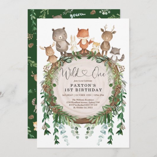 Invitation Wild One Rustic Woodland Forest Animaux Anniversai (Devant / Derrière)