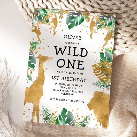Invitation Wild One Safari 1er Anniversaire Vert Or Noir