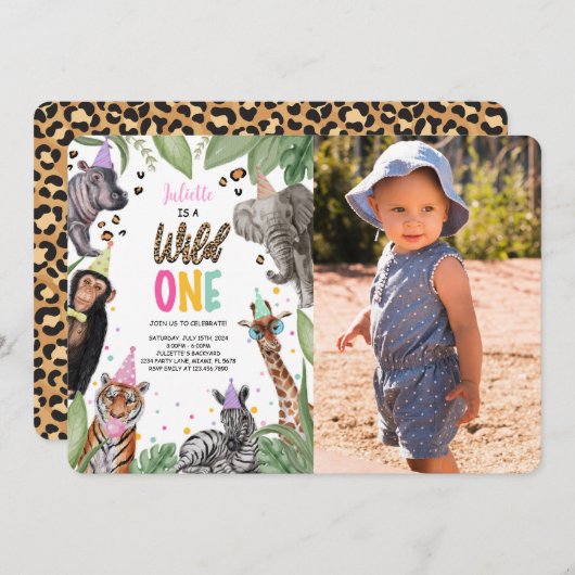 Invitation Wild One Safari 1ère photo d'anniversaire (Devant / Derrière)