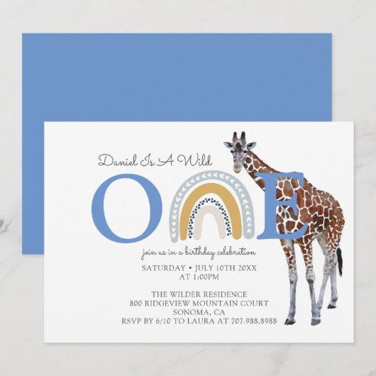 Invitation Wild One Safari Animal Blue Boy's First Birthday (Devant / Derrière)