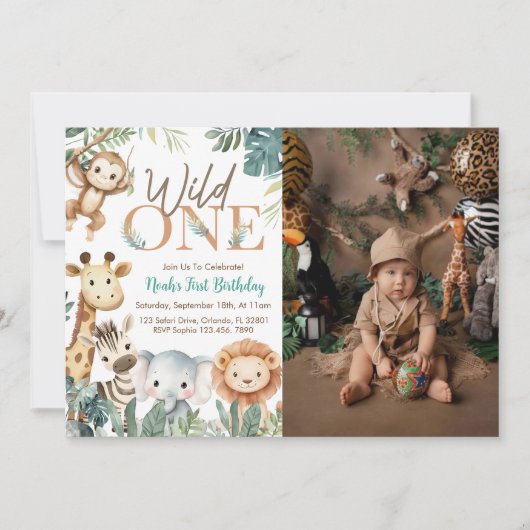 Invitation Wild One Safari Animals Boy Birthday Party Photo (Devant)
