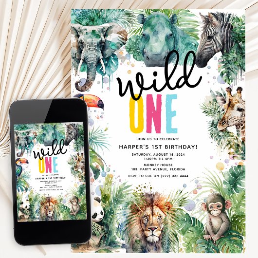 Invitation Wild ONE' Safari Animals Cool 1st Birthday