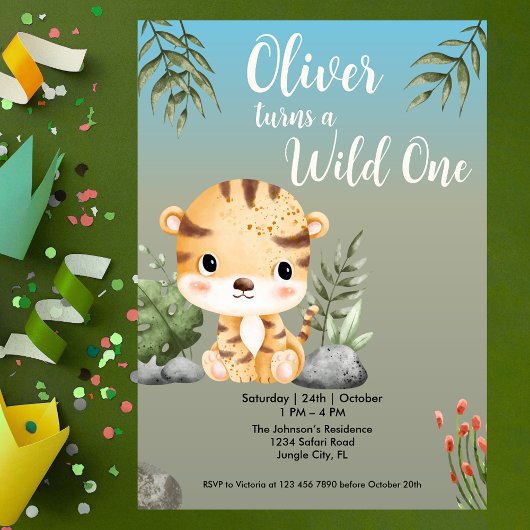 Invitation Wild One Safari Animals Cute Tiger 1st Birthday