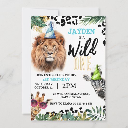 Invitation Wild One Safari Animaux 1er anniversaire (Devant)
