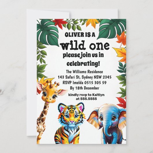 Invitation Wild One Safari Animaux 1er Anniversaire Fête Invi (Devant)