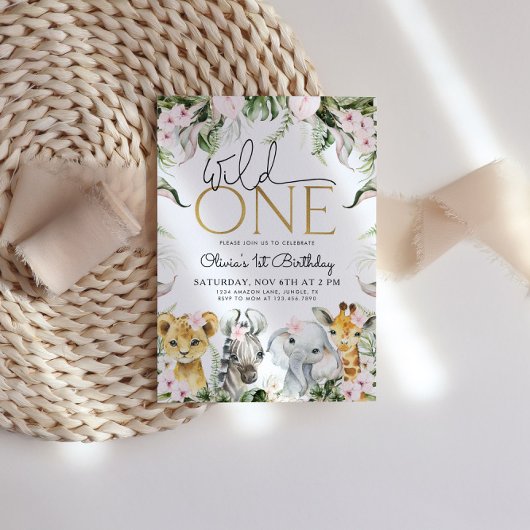 Invitation Wild One Safari Animaux 1er anniversaire fille Inv