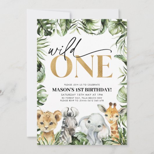 Invitation Wild One Safari Animaux 1er Anniversaire Garçons (Devant)