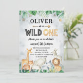 Invitation Wild One Safari Animaux 1er anniversaire Invitatio (Debout devant)