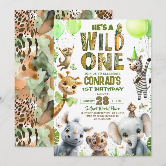 Invitation Wild One Safari Animaux 1er anniversaire Invitatio (Devant / Derrière)