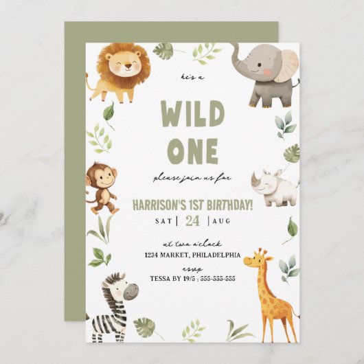 Invitation Wild One Safari Animaux 1er anniversaire Invitatio (Devant / Derrière)