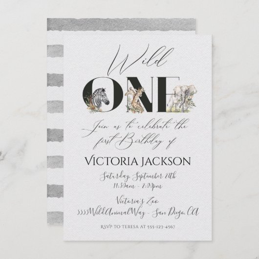 Invitation Wild One safari Animaux 1er anniversaire Invitatio (Devant / Derrière)