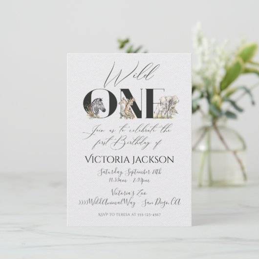 Invitation Wild One safari Animaux 1er anniversaire Invitatio (Debout devant)