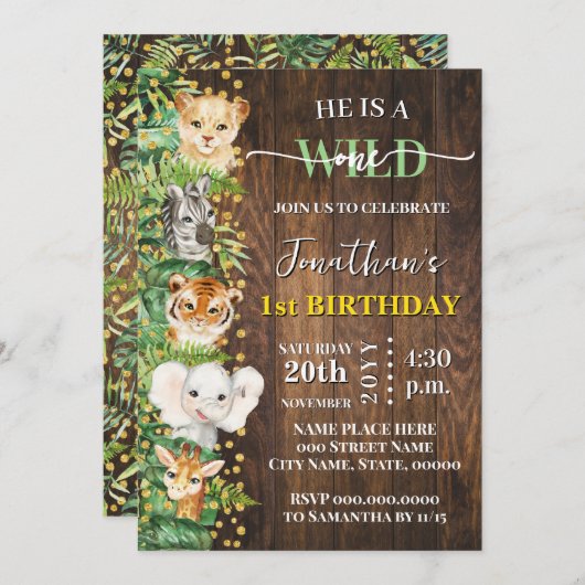 Invitation Wild One Safari Animaux 1er Anniversaire Rustique (Devant / Derrière)