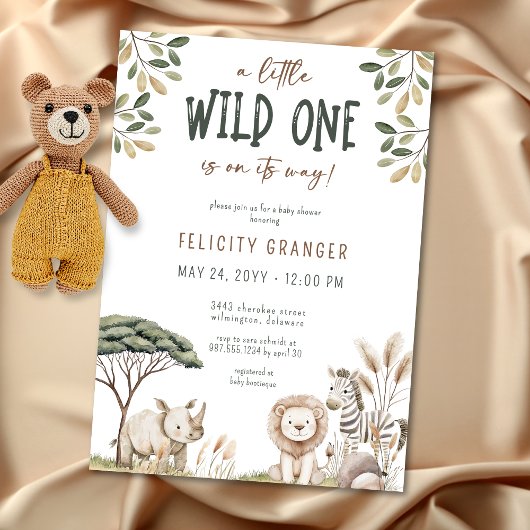 Invitation Wild One Safari Animaux Baby shower neutre