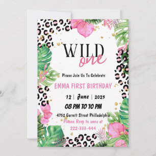 Invitation Wild One Safari Animaux fille 1er anniversaire