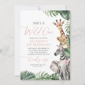 Invitation Wild One Safari Animaux Fille 1er anniversaire (Devant)