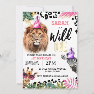 Invitation Wild One Safari Animaux Fille 1er anniversaire fêt