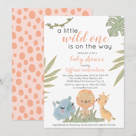 Invitation Wild One Safari Animaux Fille Baby shower (Devant / Derrière)
