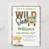 Invitation Wild One Safari Animaux premier anniversaire garço (Devant)