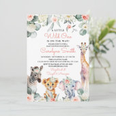 Invitation Wild One Safari Animaux Verdure Baby shower fille (Debout devant)