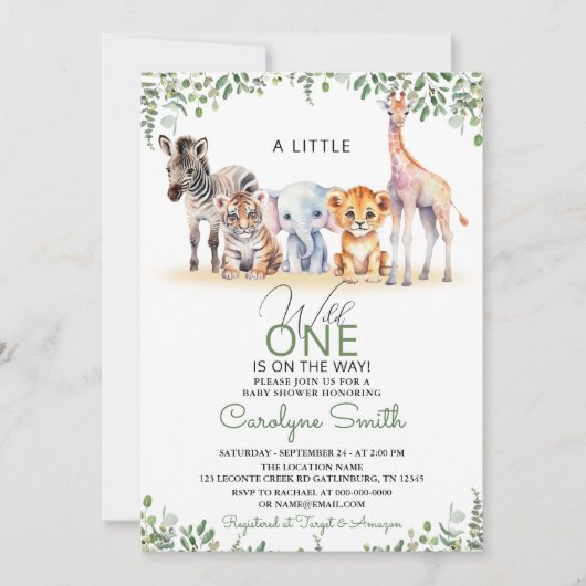 Invitation Wild One Safari Animaux Verdure Baby shower Garçon (Devant)