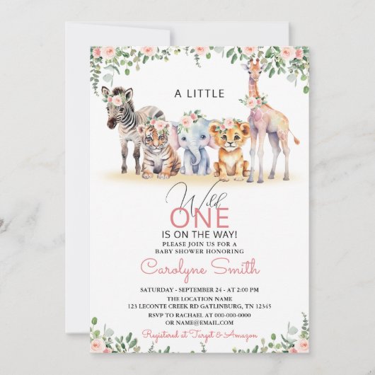 Invitation Wild One Safari Animaux Verdure Fille Baby shower (Devant)