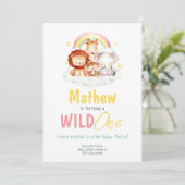 Invitation Wild One Safari arc-en-ciel Jungle Animaux Anniver (Debout devant)