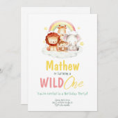 Invitation Wild One Safari arc-en-ciel Jungle Animaux Anniver (Devant / Derrière)