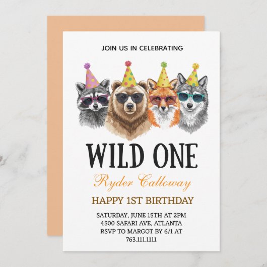 Invitation Wild One Safari First Birthday – Jungle Animal  (Devant / Derrière)