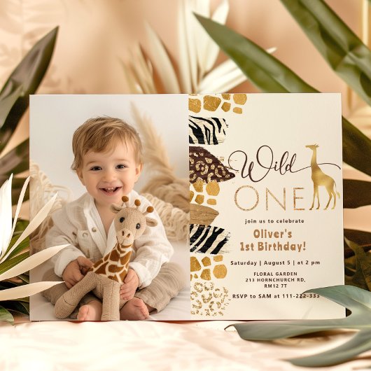 Invitation Wild One Safari garçon 1er anniversaire girafe pho