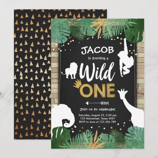 Invitation Wild One Safari Gold Boy Animals Anniversaire (Devant / Derrière)