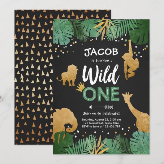 Invitation Wild One Safari Gold Boy Animals Anniversaire (Devant / Derrière)