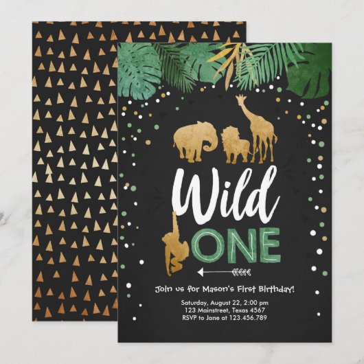 Invitation Wild One Safari Gold Boy Animaux fête d'anniversai (Devant / Derrière)