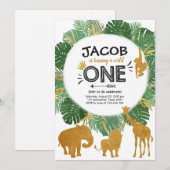 Invitation Wild One Safari Gold Boy Animaux fête d'anniversai (Devant / Derrière)