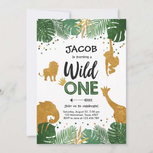 Invitation Wild One Safari Gold Boy Animaux fête d'anniversai (Devant)