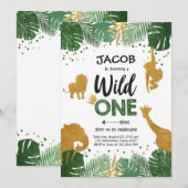 Invitation Wild One Safari Gold Boy Animaux fête d'anniversai (Devant / Derrière)