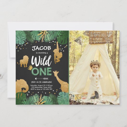 Invitation Wild One Safari Gold Boy Animaux fête d'anniversai (Devant)