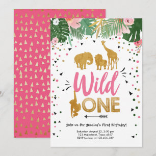 Invitation Wild One Safari Gold Girl Animaux roses Anniversai
